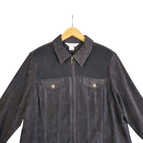 Allison Daley Womens Vintage Faux Suede Jacket Petite Size 12P Black Ribbed Zip - Picture 3 of 11